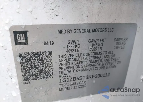 2019 Chevrolet Malibu 1Ls из США, поврежденный, VIN 1G1ZB5ST3KF200112